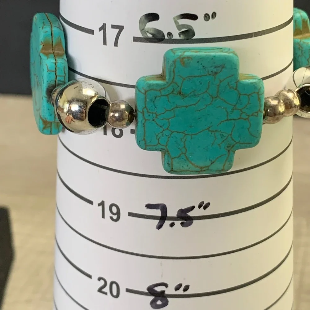Faux Turquoise Cross Stretch Bracelet Silver Tone Beads Southwestern Style 4613
